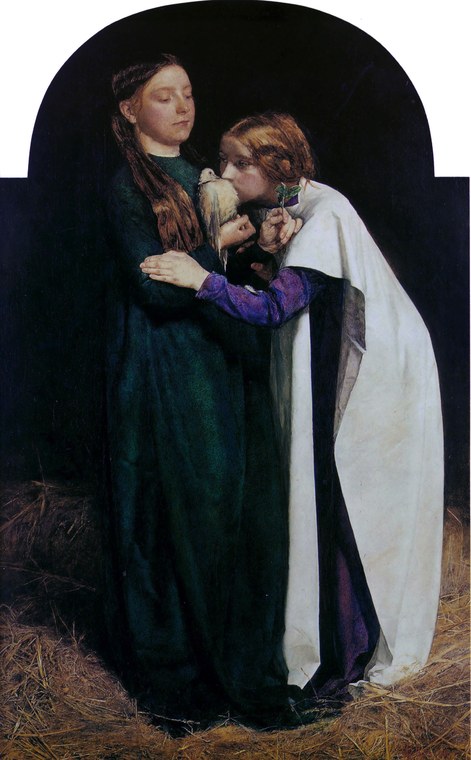 Pintura de Millais com duas jovens acolhendo a pomba que voltou a arca com um ramo de oliveira