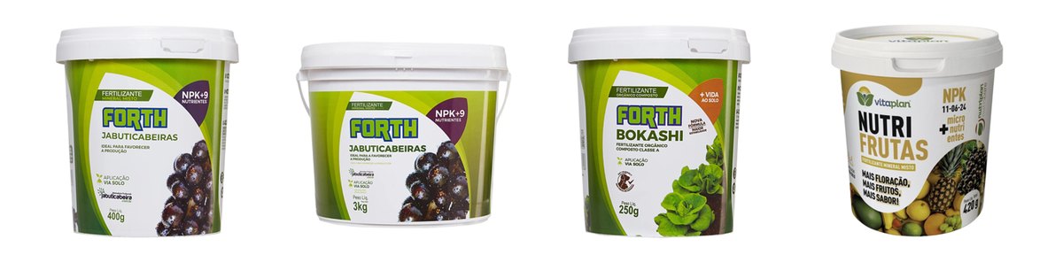 Adubos vendidos pela Terraje e pelo Clube Plantei: Forth Jabuticabeiras 400 g e 3 kg, Forth Bokashi e Nutrifrutas 11-06-24