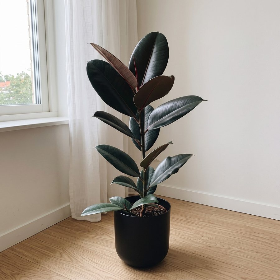 Ficus elastica Burgundy em vaso preto ao lado de uma janela com cortina