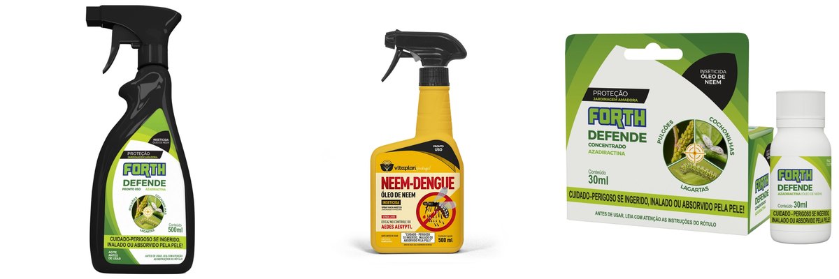 Produtos com cochonilha no rótulo vendidos pela Terraje e pelo Clube Plantei: Forth Defende pronto uso, óleo de neem Vitaplan e Forth Defende concentrado