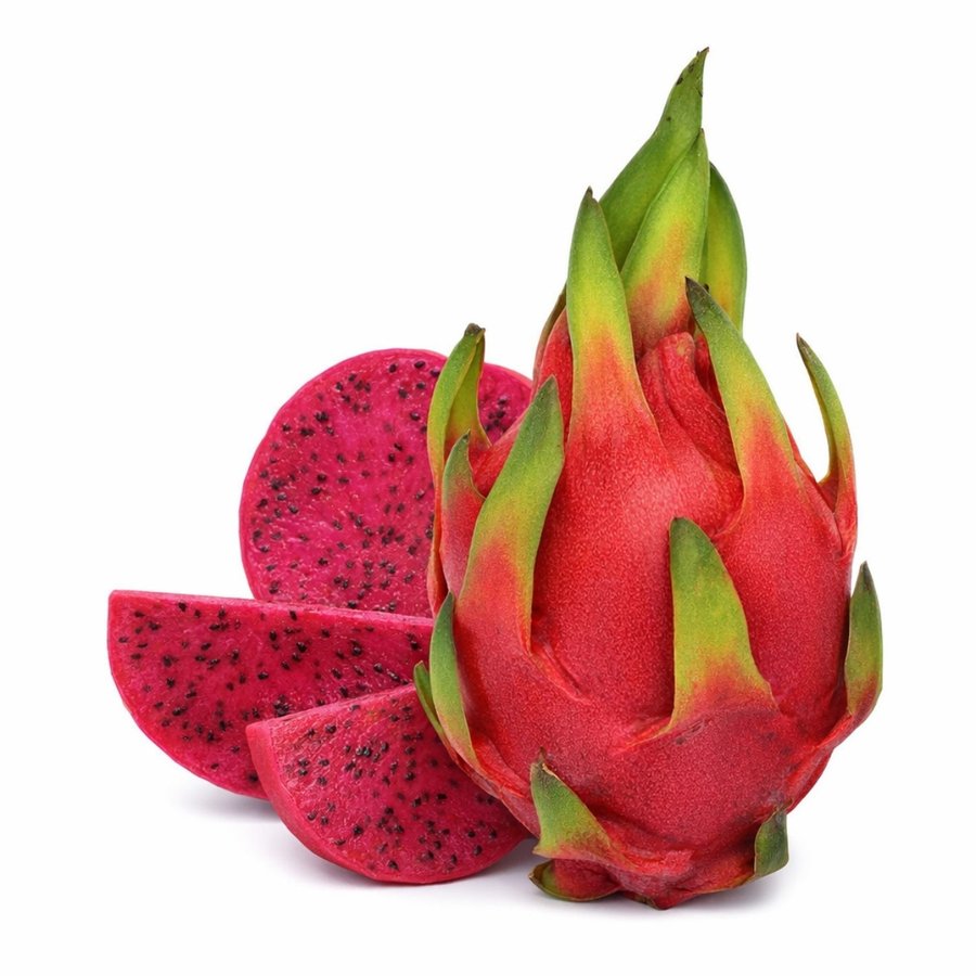 Pitaya vermelha inteira e fatiada, de polpa vermelha